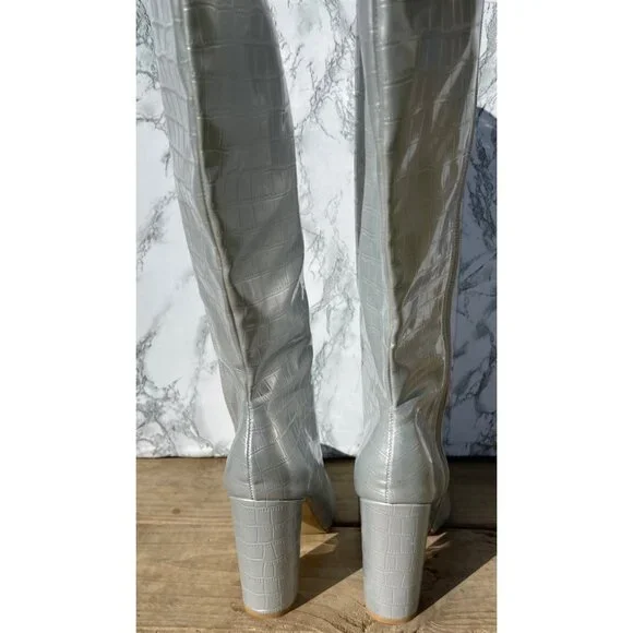 Silver Croc-Embossed Knee-High Boots With Block Heel & Side Zipper Closure size - Picture 6 of 10